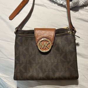 Michael Kors Brown and Tan Crossbody with Gold MK Medallion